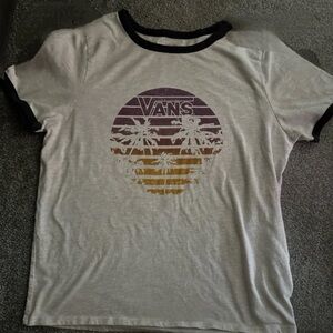 Vans White Tee with Black Trim and Purple Graphic